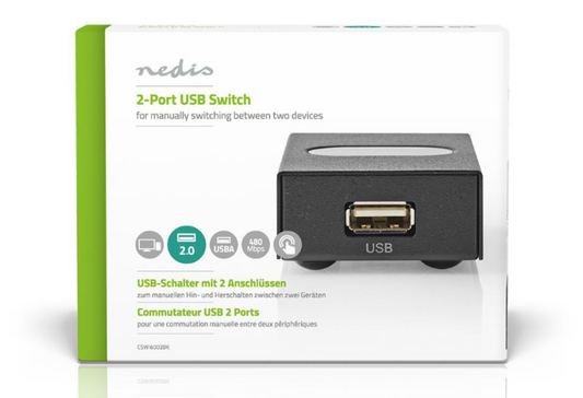 Nedis USB-Switch | 2-Port port(s) | 1x USB A | 2x USB-B-Buchse | 480 Gbps | Metall | Schwarz - Retoure