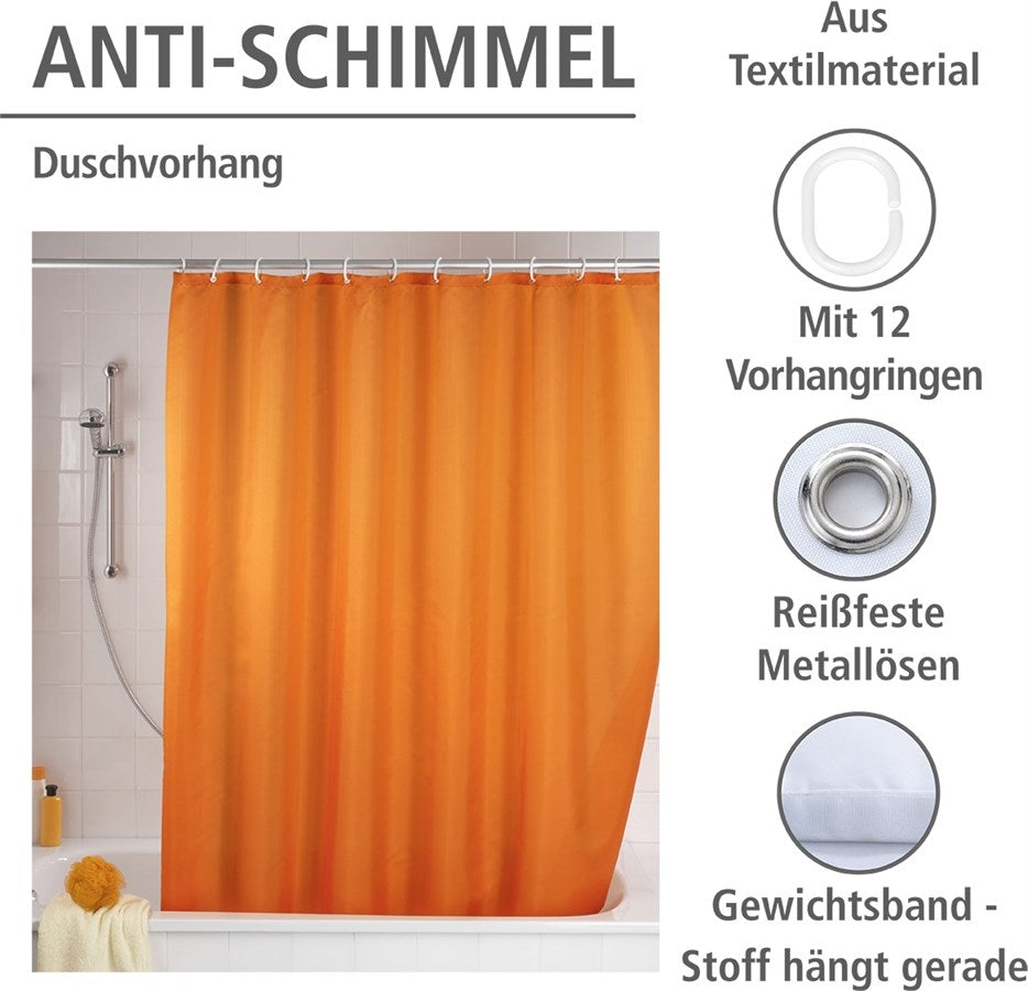 Wenko Anti-Schimmel Duschvorhang Uni Orange, Textil (Polyester), 180 x 200 cm, waschbar