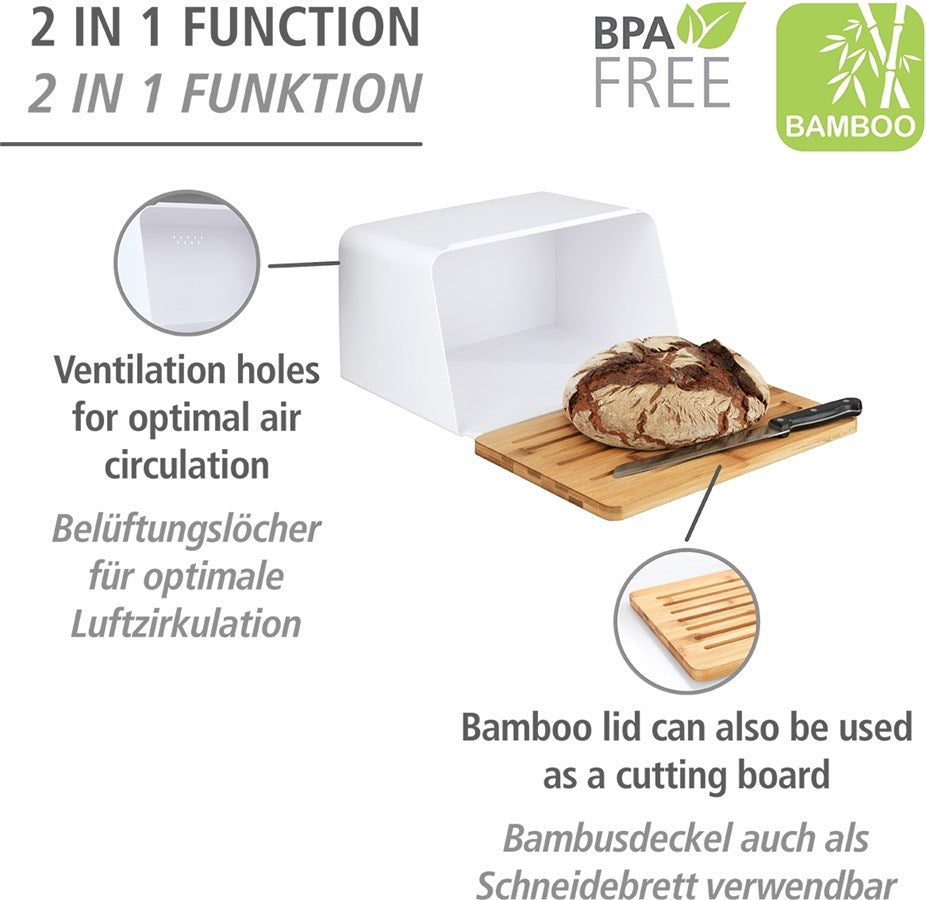 Wenko Brotkasten mit Bambusbrett, Weiß, Brotbox mit integriertem Bambusschneidebrett als Deckel