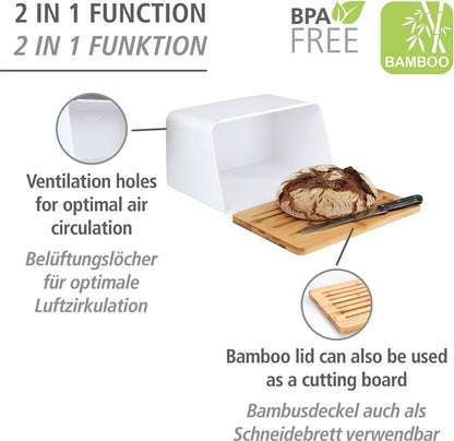 Wenko Brotkasten mit Bambusbrett, Weiß, Brotbox mit integriertem Bambusschneidebrett als Deckel