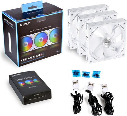 Lian Li UNI FAN AL120 RGB PWM Lüfter, 3er Pack inkl. Controller, weiss - 120mm