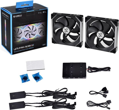 Lian Li UNI FAN SL140 RGB PWM Lüfter, 2er Pack inkl. Controller, schwarz - 140mm