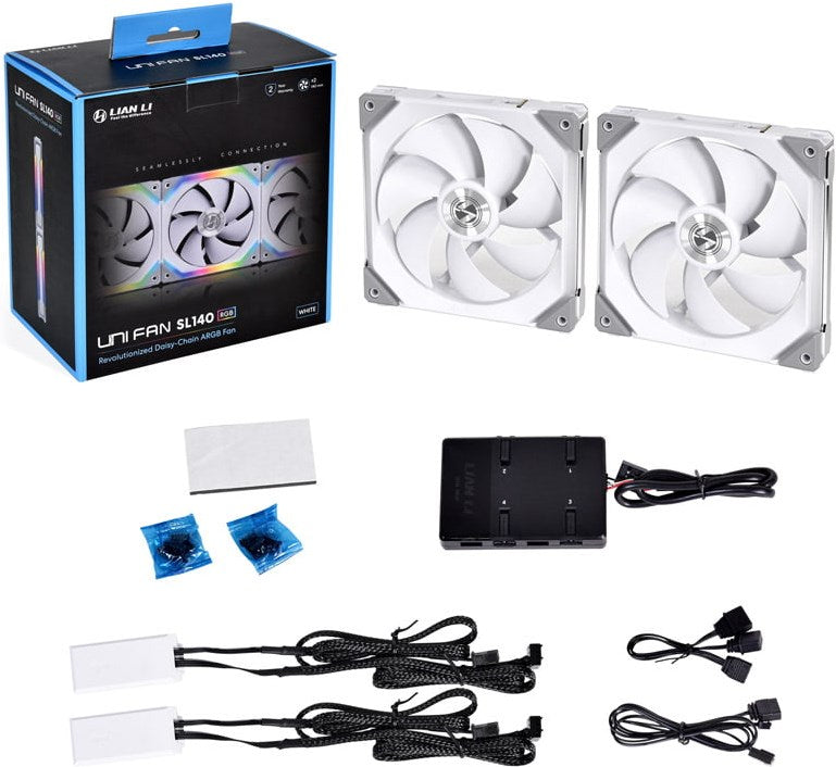 Lian Li UNI FAN SL140 RGB PWM Lüfter, 2er Pack inkl. Controller, weiss - 140mm