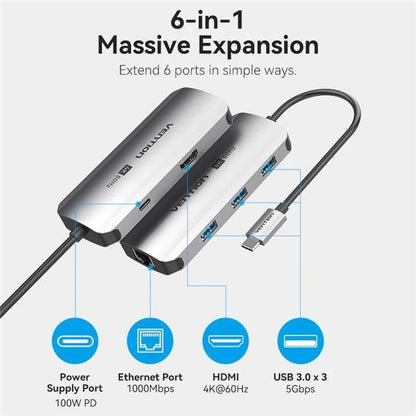 Vention 6 in 1 USB-C Docking Station, 100W PD